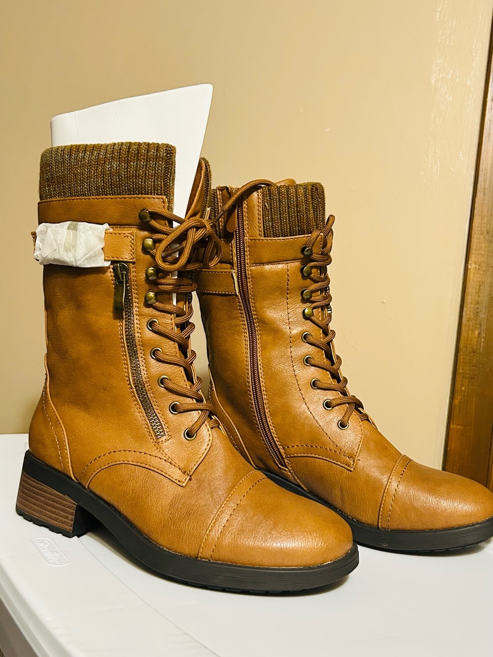 Dream Pairs Cognac Lace-Up Mid-Calf Boots with Knit Cuff
